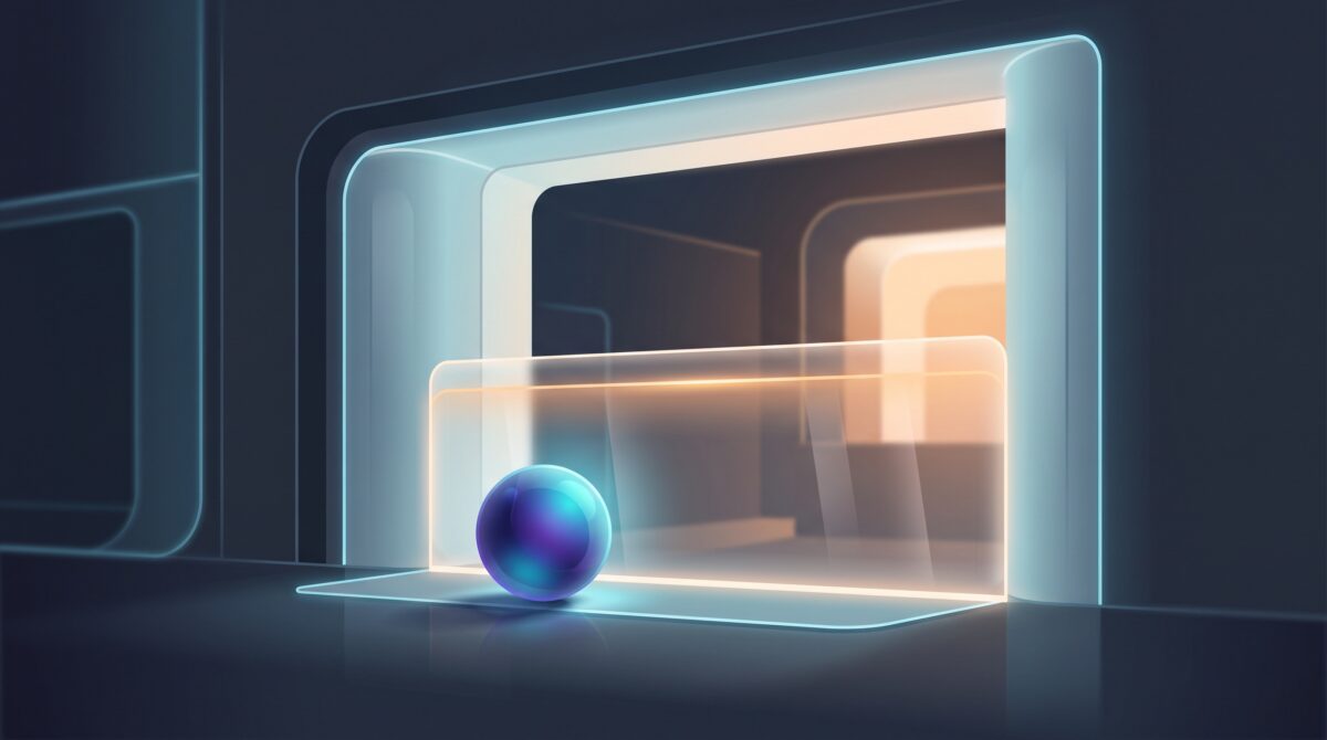A glowing AI assistant orb pausing at a storefront doorway of light as a translucent barrier rises to gently block its entry