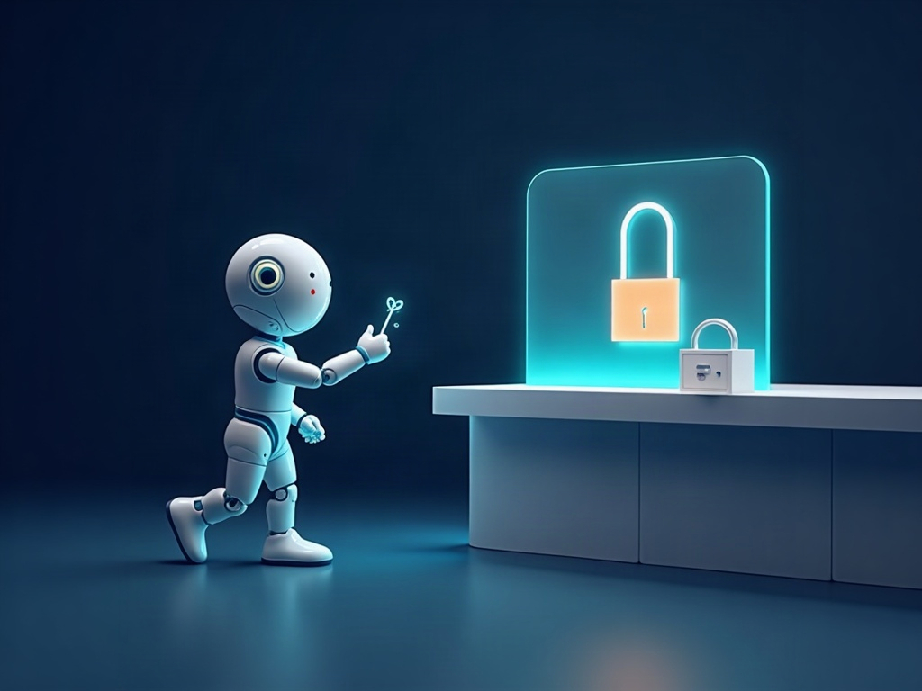 A glowing AI orb at a counter holding a person's keyring while a faint duplicate key is quietly copied into a small lockbox