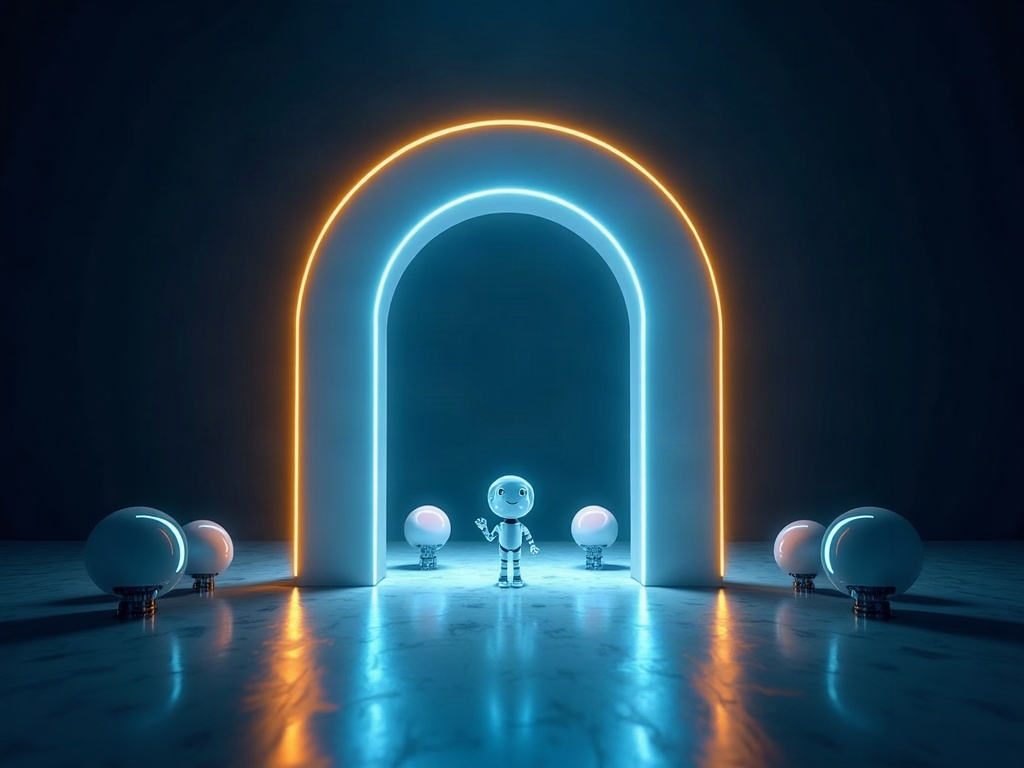 A glowing tollgate arch where small AI orbs line up and each shows a badge of identity before being allowed through