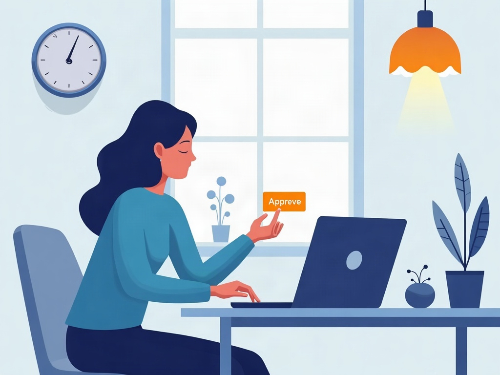 A person at a kitchen table calmly reviewing a glowing permission card offered by a small AI orb before approving it