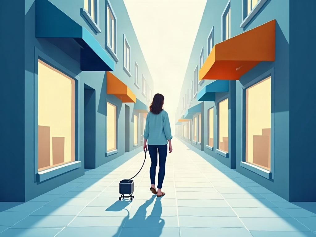 A person walking down a bright street with a small helpful AI orb at their shoulder as glowing storefronts open along the way