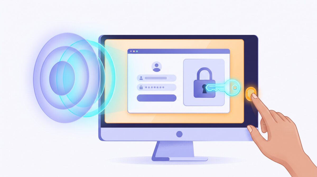 An AI shown as glowing rings waits at a locked login screen while a person's fingerprint approval slides a key into the lock