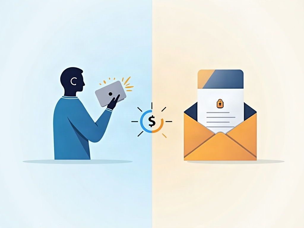 On the left an AI holds an exposed password card; on the right the password is sealed in a locked envelope the AI cannot open