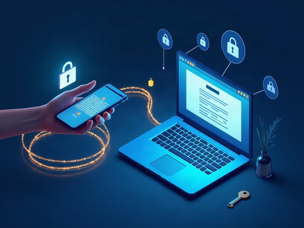 A glowing encrypted tube carries a key from a phone to a laptop browser while the AI sits outside the channel