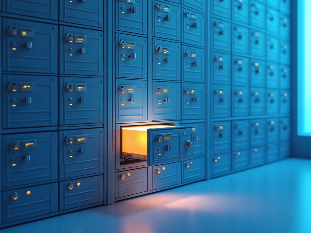 A vault wall with most drawers shuttered and only one glowing open drawer offering a single key to the AI