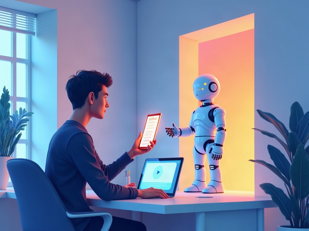 A relaxed person hands an errand list to a friendly AI companion that heads off through a browser-shaped doorway