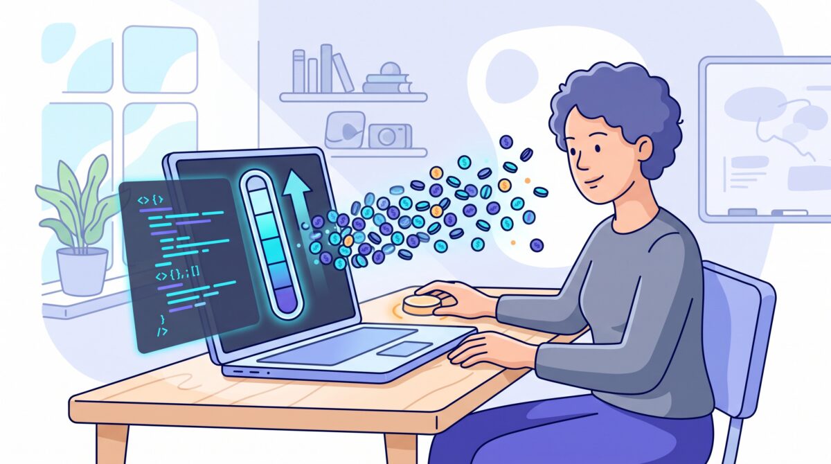 A developer at a laptop watching a rising cost meter as glowing token-coins stream into the machine alongside scrolling abstract code