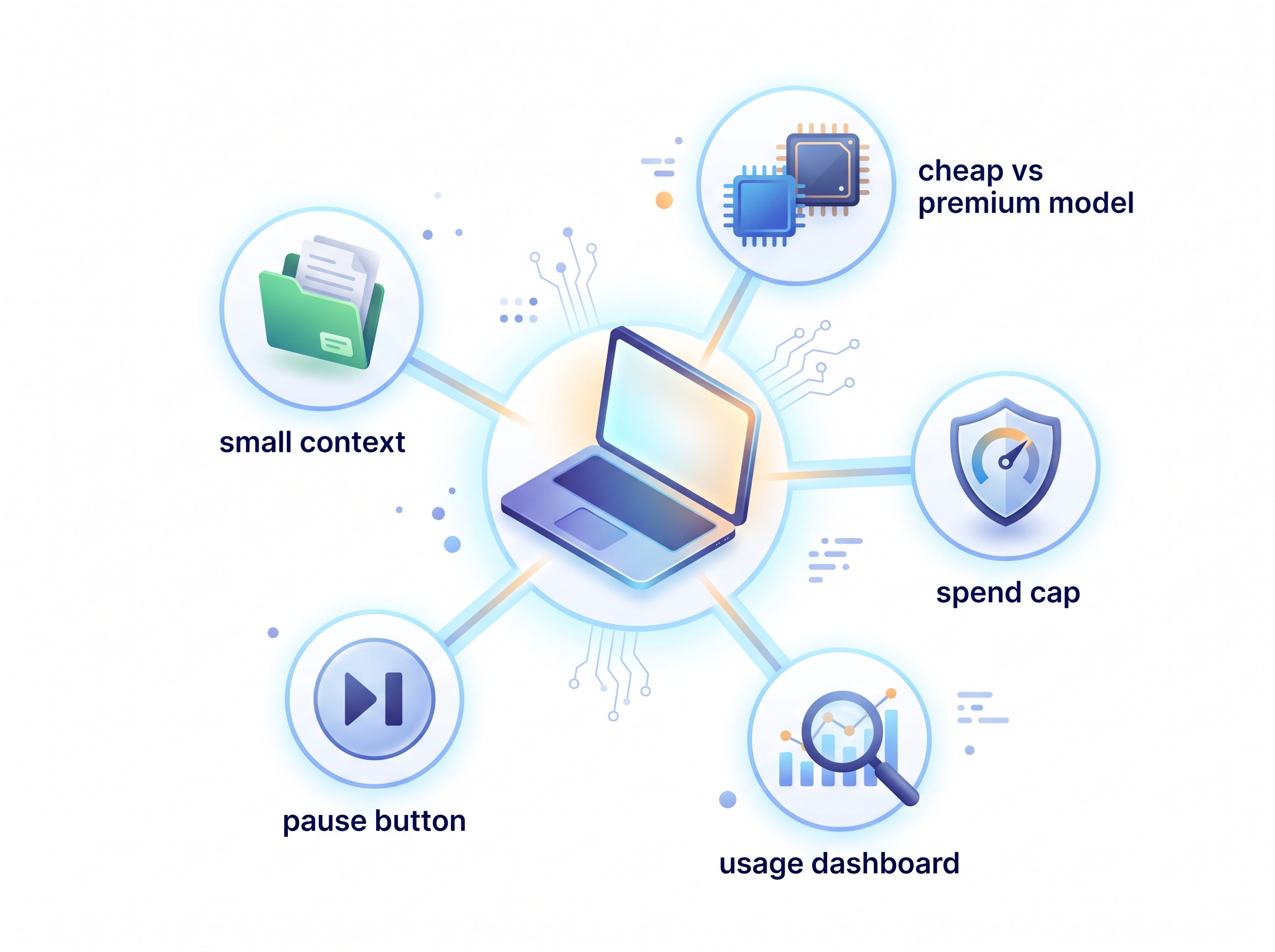 A hub-and-spoke diagram of five AI coding cost-control habits around a central laptop: small context, model tiering, spend caps, usage monitoring, and knowing when to pause