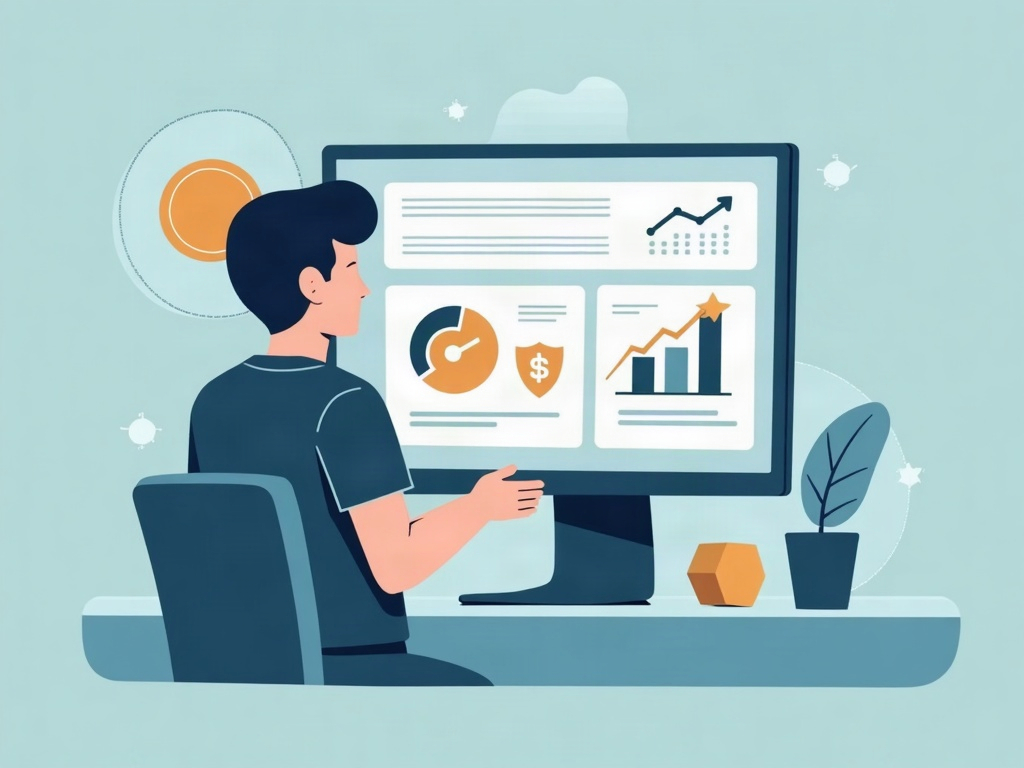 A developer reviewing a simple usage dashboard with a gauge, trend bars, and a budget threshold marker