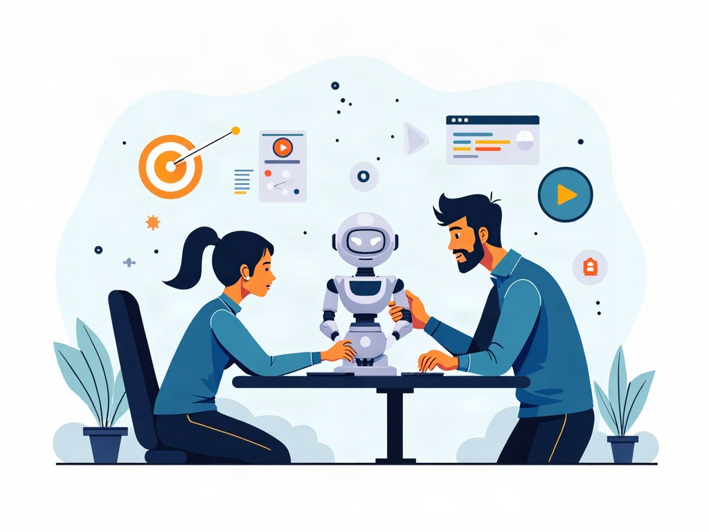 A developer with a hand on a control dial while a small robot assistant hands over a neatly finished code module