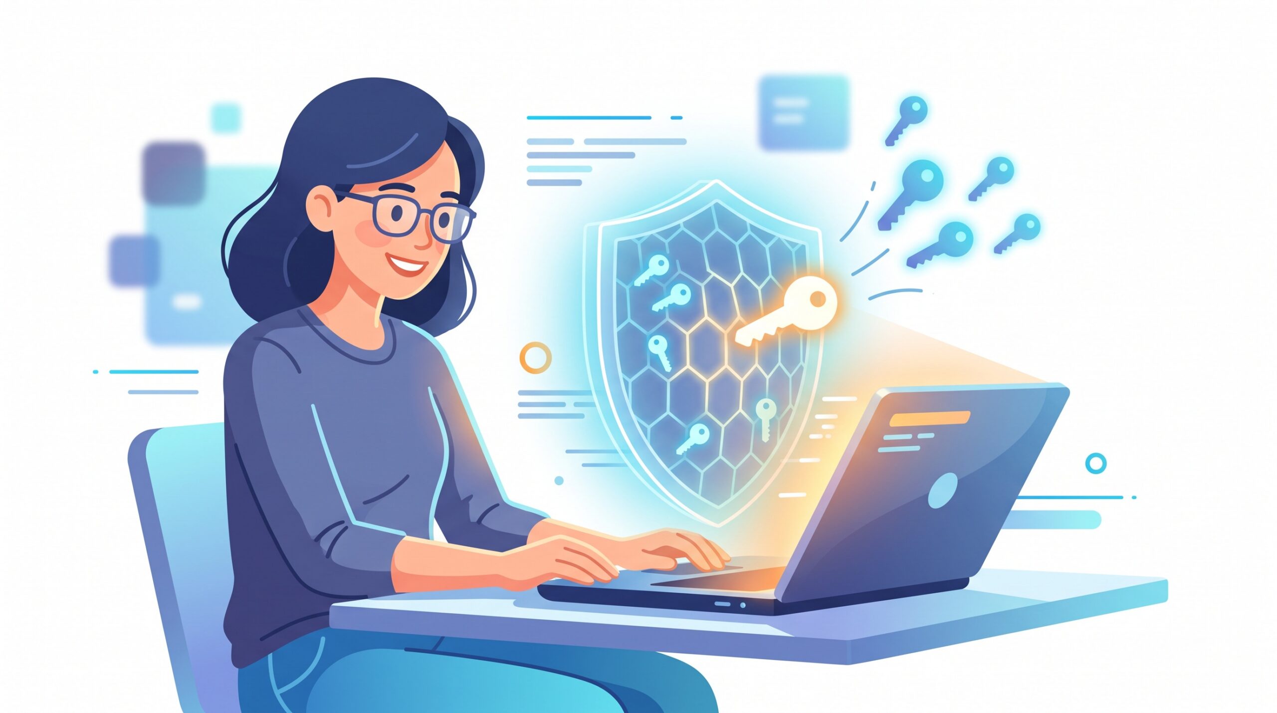 A developer at a laptop with a glowing shield gate catching a stray key before it leaves the machine