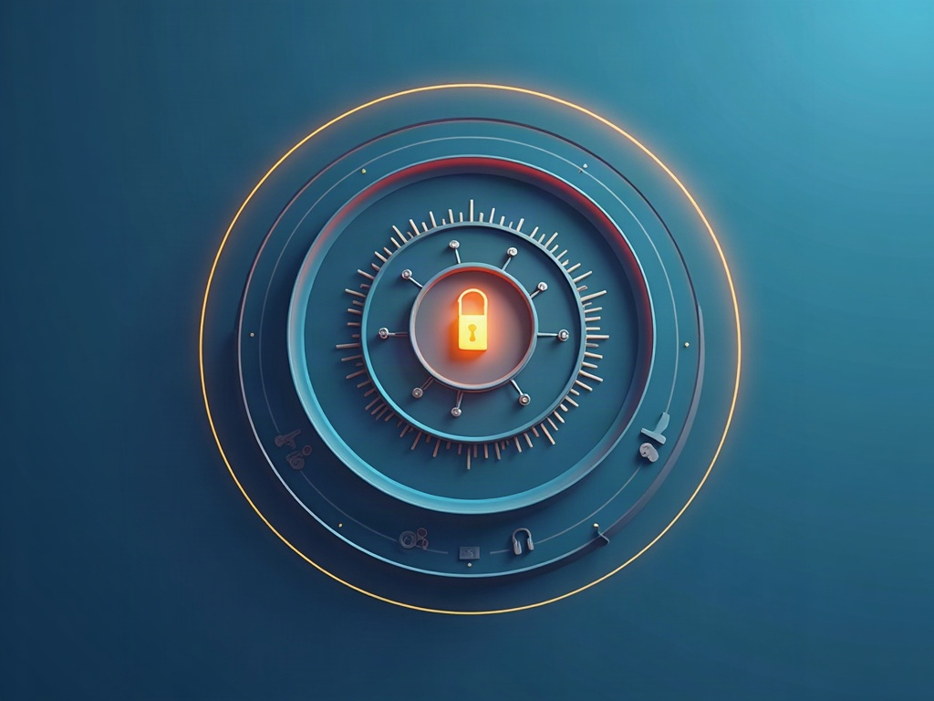 Three concentric protective arcs surrounding a small central vault of keys, representing layered defense