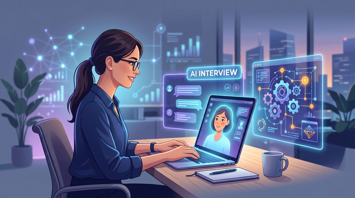 A job candidate at a laptop facing a friendly AI interviewer on screen