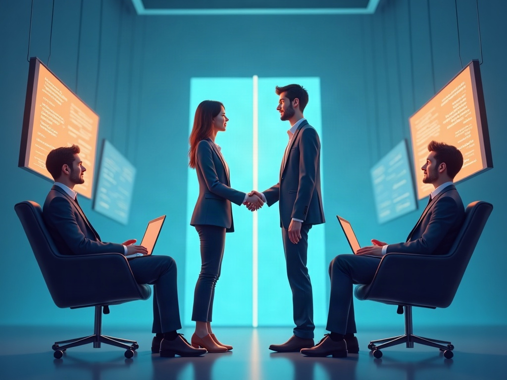 A confident candidate finishing an AI-led interview, a human and AI meeting as partners