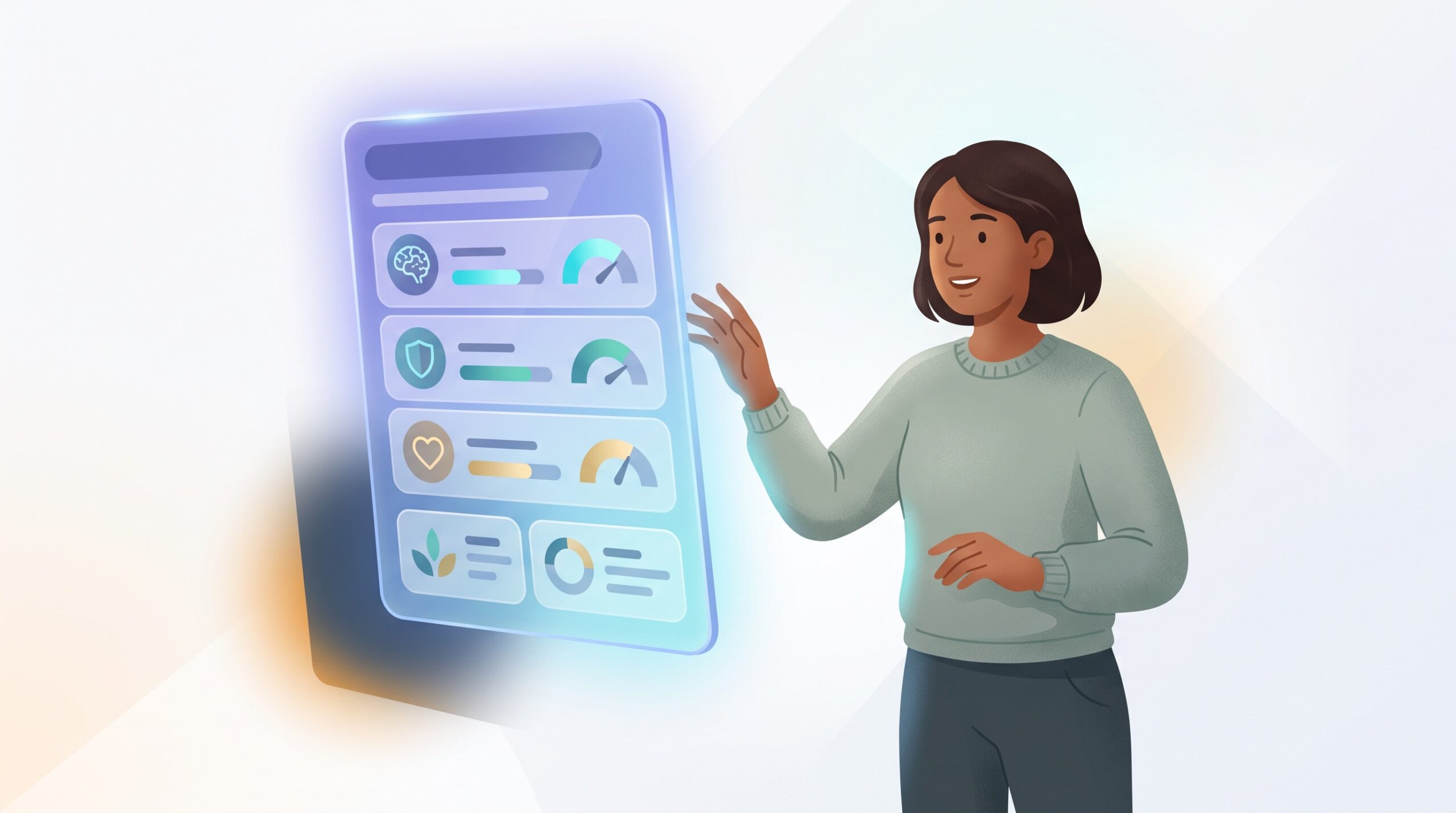 A glowing label-shaped rating card for an AI showing simple meters and brain, shield and heart icons, as a person reaches toward it