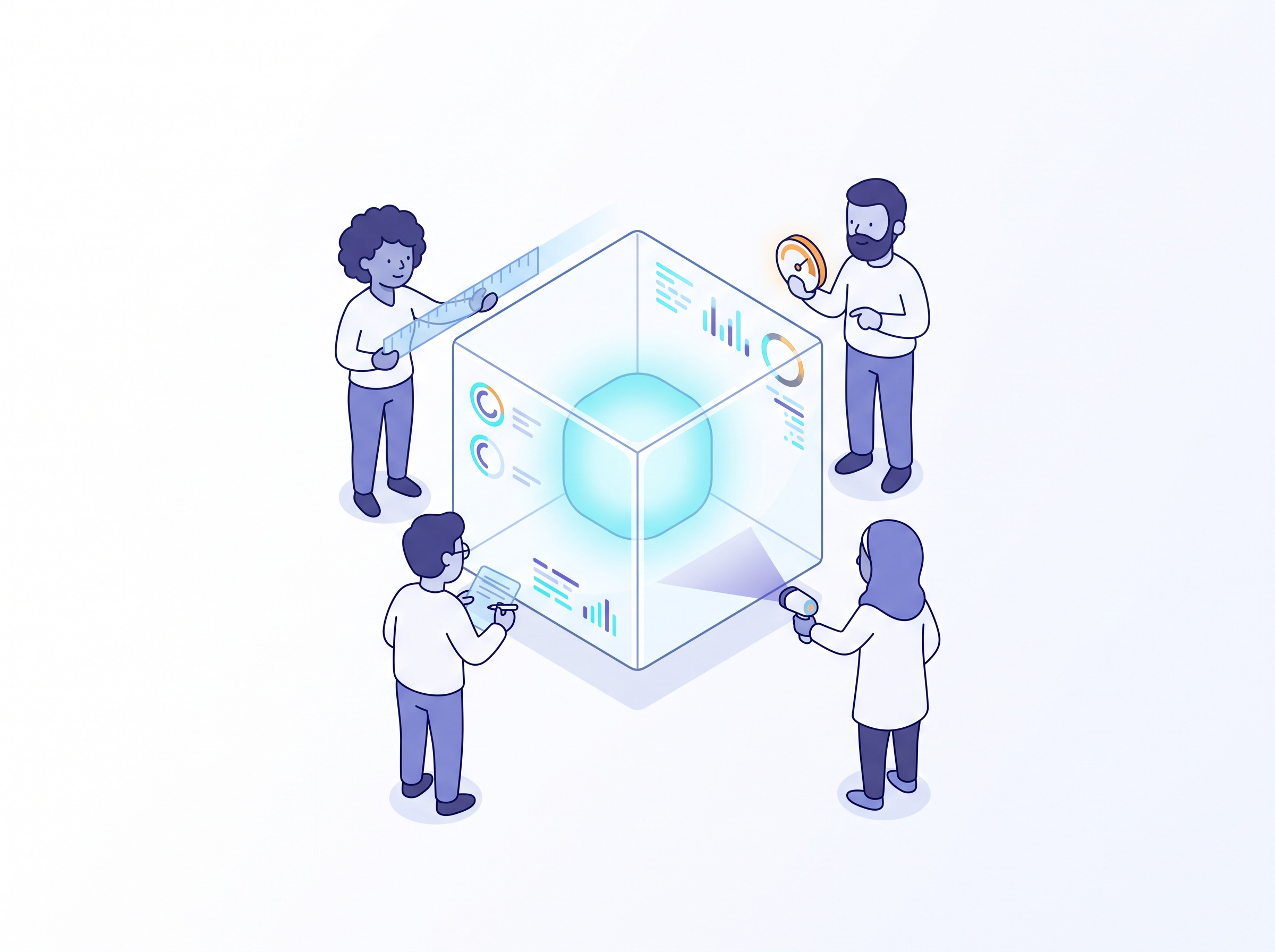 Researchers around a transparent box containing a glowing AI core, measuring it with instruments of light