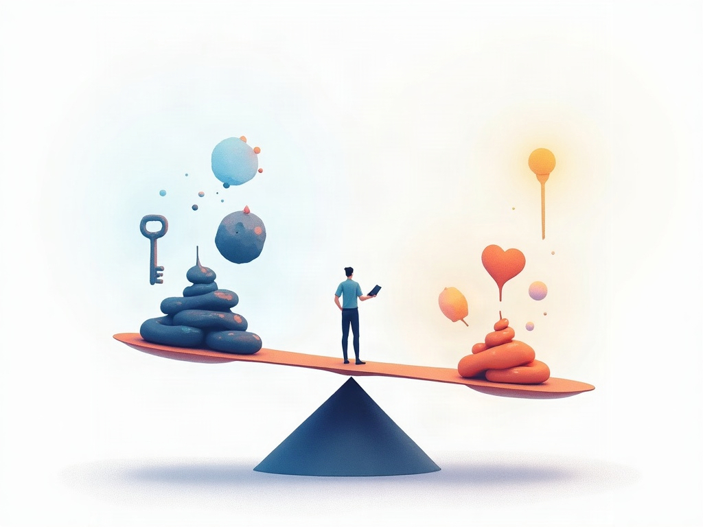 A glowing balance scale weighing dark negative shapes against bright positive shapes, watched by a person