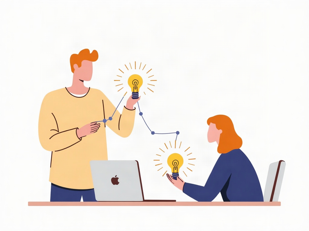 A person holding their own glowing idea bulb while an AI assistant offers help from the side without taking over