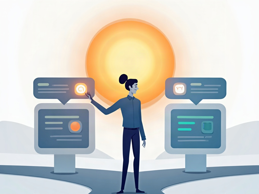 A person confidently choosing between several glowing AI options shown as panels with simple rating meters