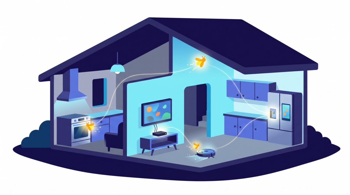 A small glowing AI spark hopping along light-threads between a smart oven, TV box, robot vacuum and fridge inside a stylized home