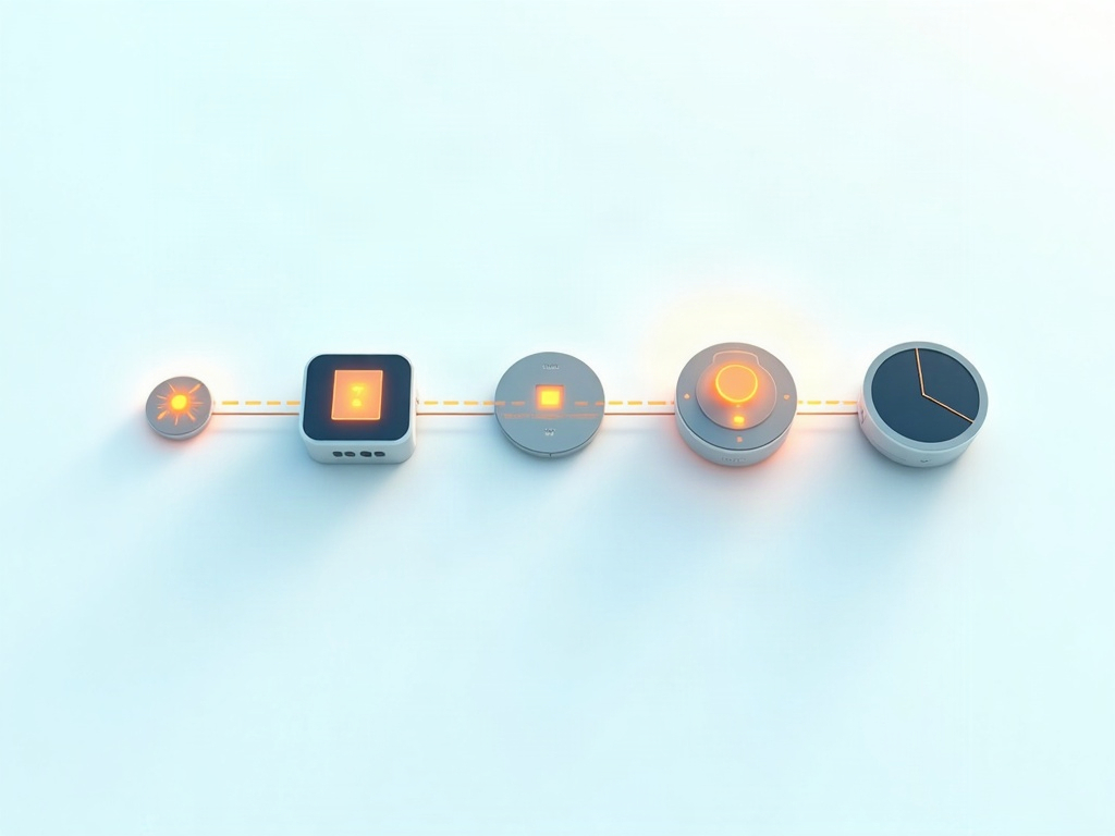 A chain of four small glowing devices passing a luminous note down the line, illustrating a self-propagating AI process