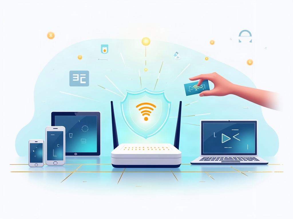 A home router with a protective shield, smart devices fenced onto a separate network lane, and a hand updating a device