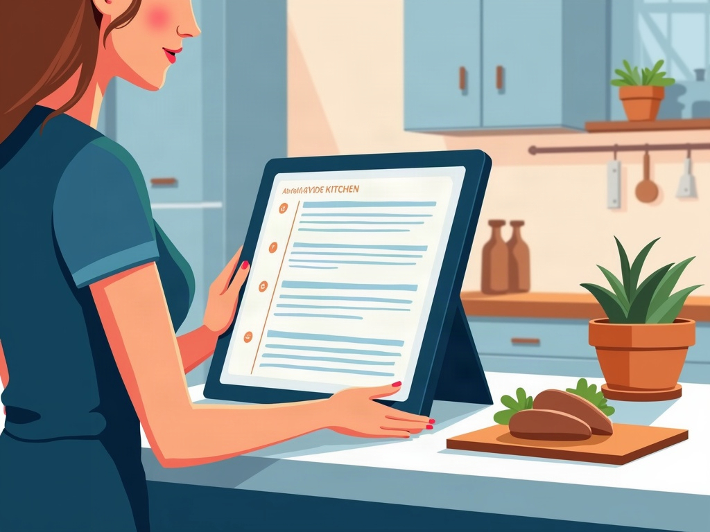 A tablet on a kitchen counter showing a cooking plan as a visual timeline next to a recipe while someone preps food