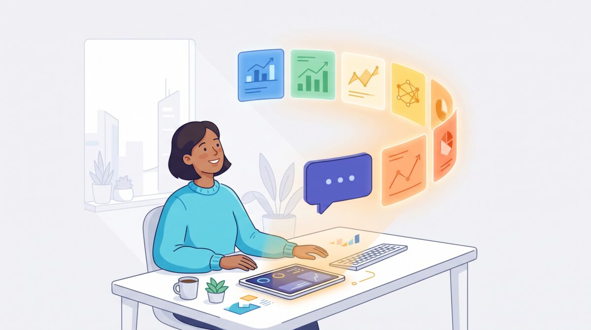 A chat bubble unfolding into a fan of polished slide cards on a bright desk