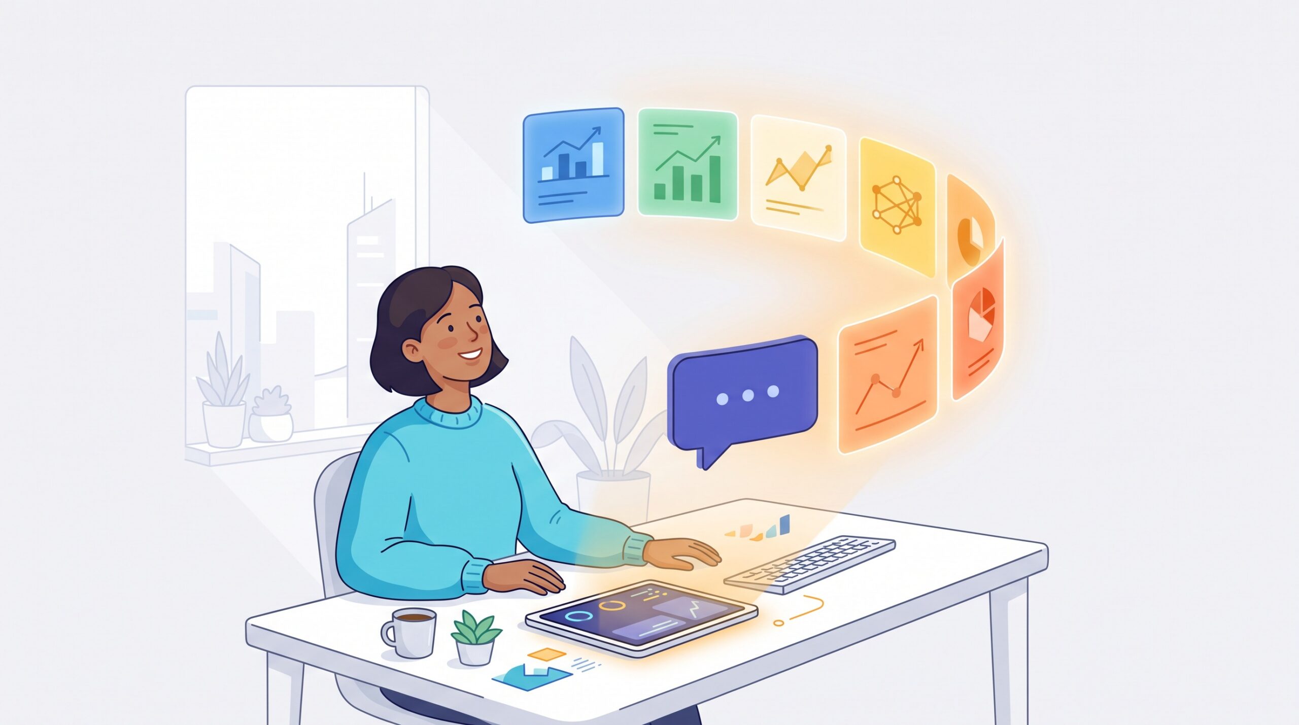 A chat bubble unfolding into a fan of polished slide cards on a bright desk