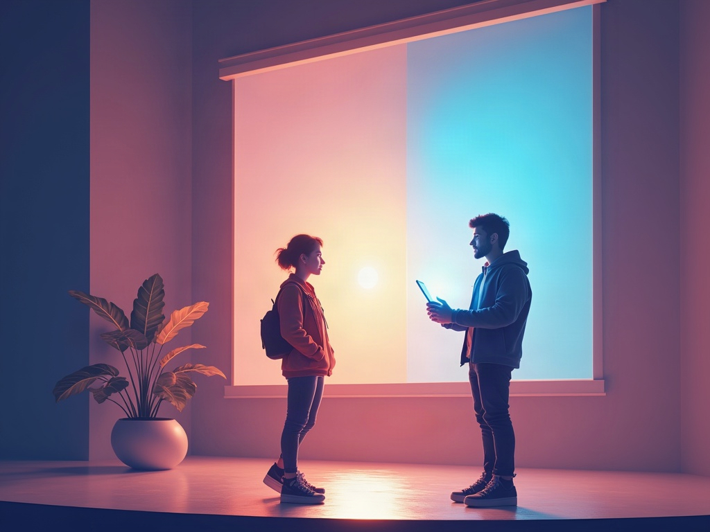 A confident presenter on stage with a polished slide behind them and a calm AI companion beside them