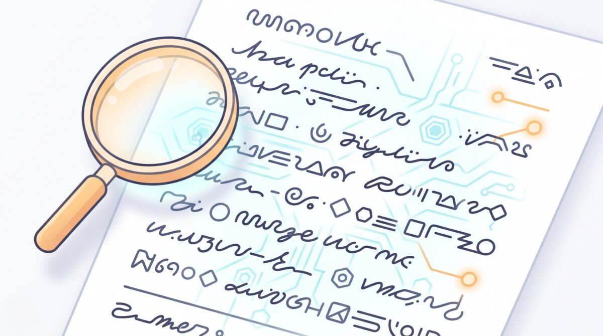 A page of writing with a hidden glowing watermark pattern woven through it, revealed by a soft lens