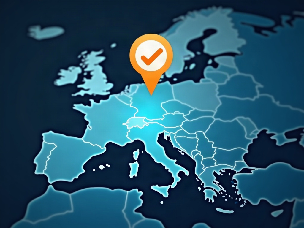 A glowing map of Europe on a screen with a checkmark badge, representing the EU rollout