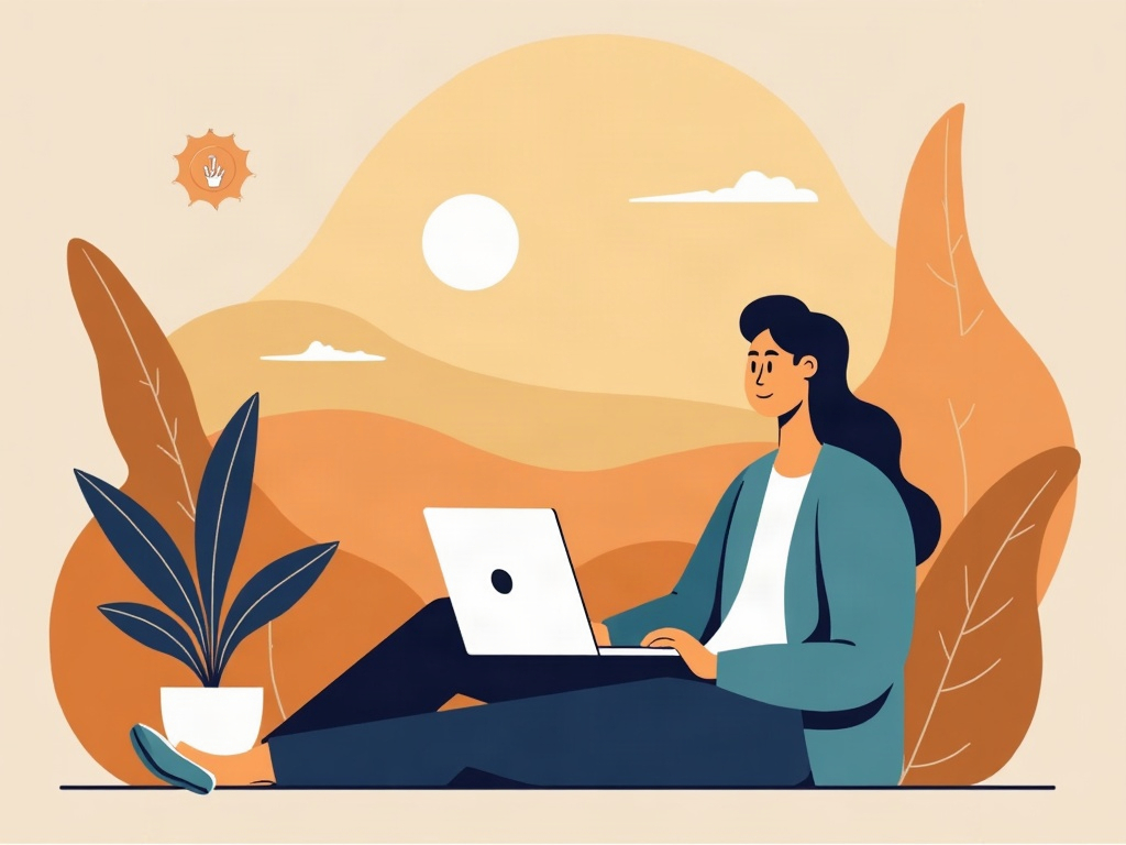A person working confidently at a laptop with a small friendly AI badge beside their work