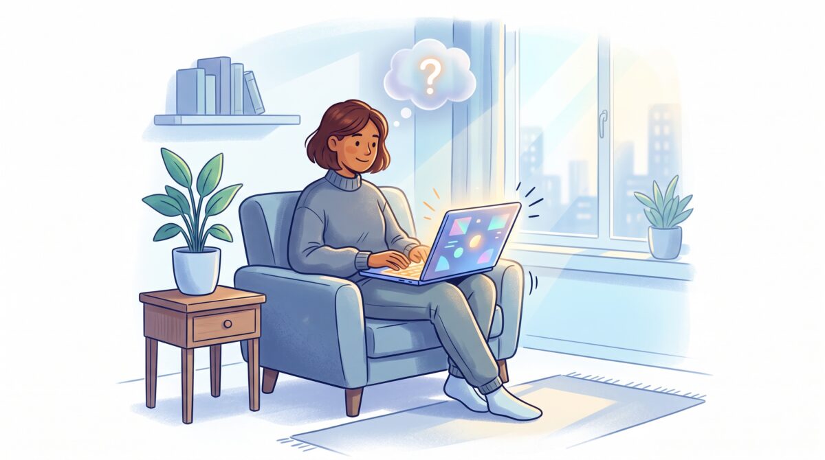 A person using a laptop productively while a small question-mark thought cloud floats above, representing everyday AI use mixed with quiet concern