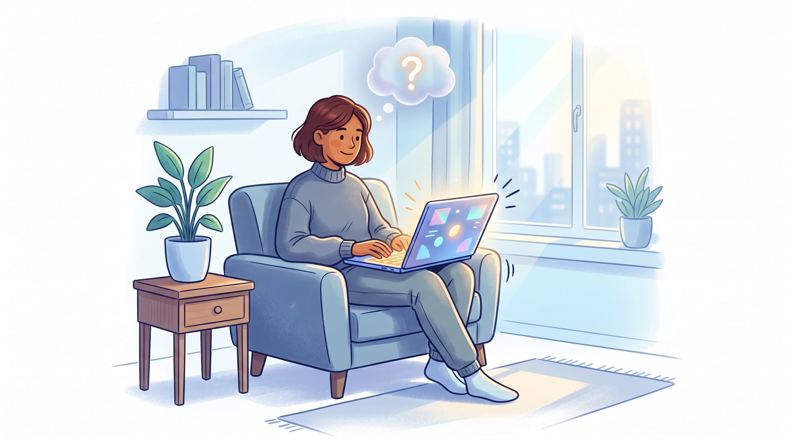 A person using a laptop productively while a small question-mark thought cloud floats above, representing everyday AI use mixed with quiet concern