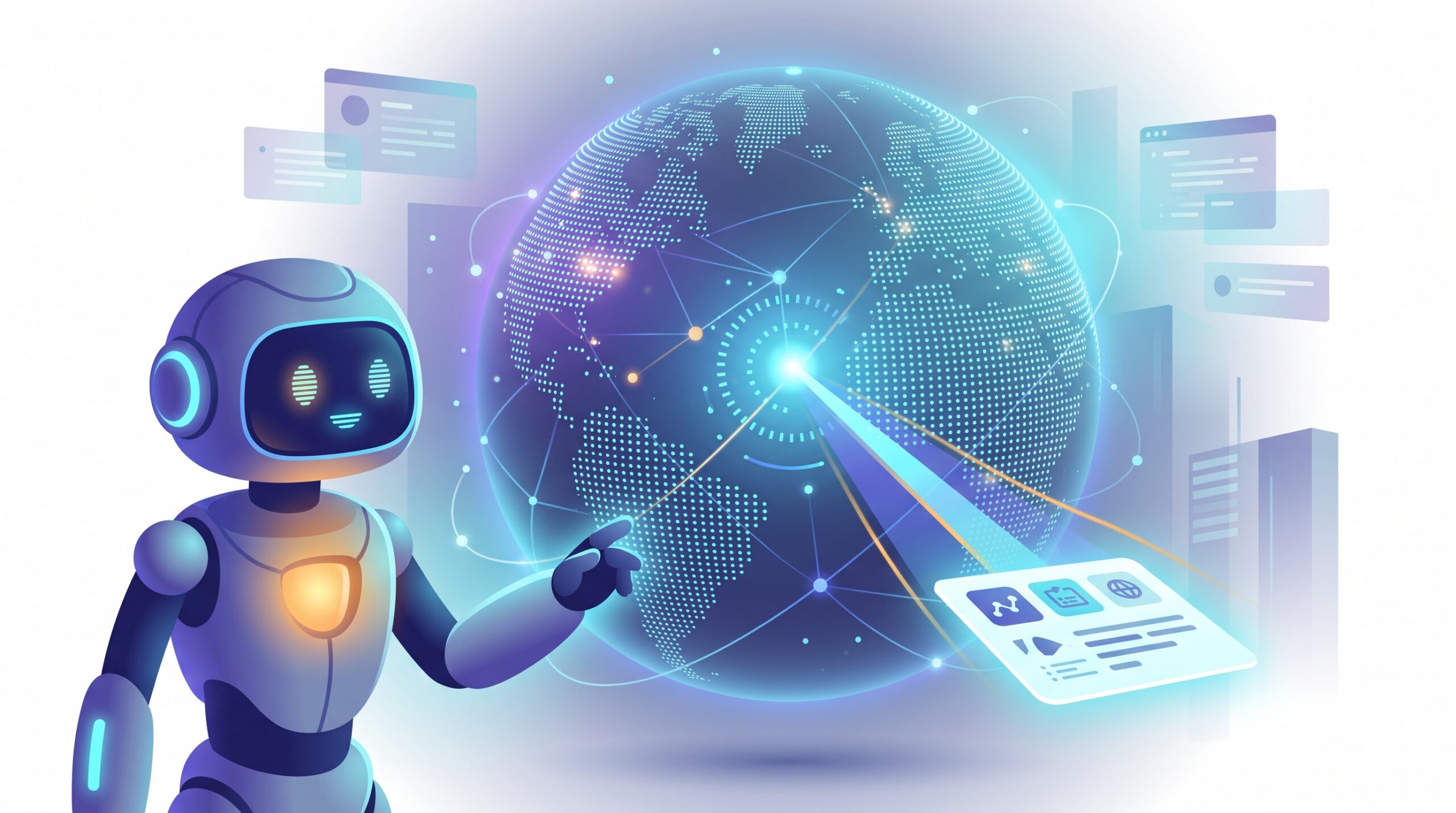 An AI figure pulling a single tidy answer card out of a glowing globe made of connected dots representing the live web