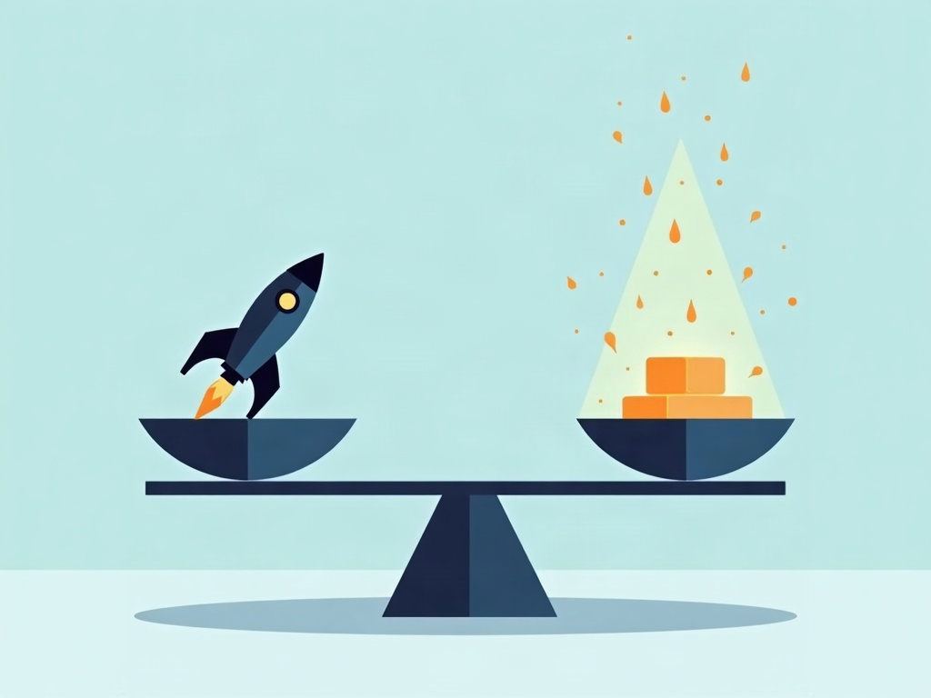 A balance scale tipping toward a small fast rocket over a heavier slower block, illustrating more performance for less cost