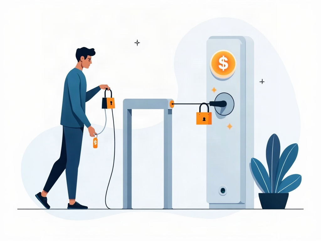 A person pausing at a checkpoint weighing a padlock and a cost tag before plugging into a service