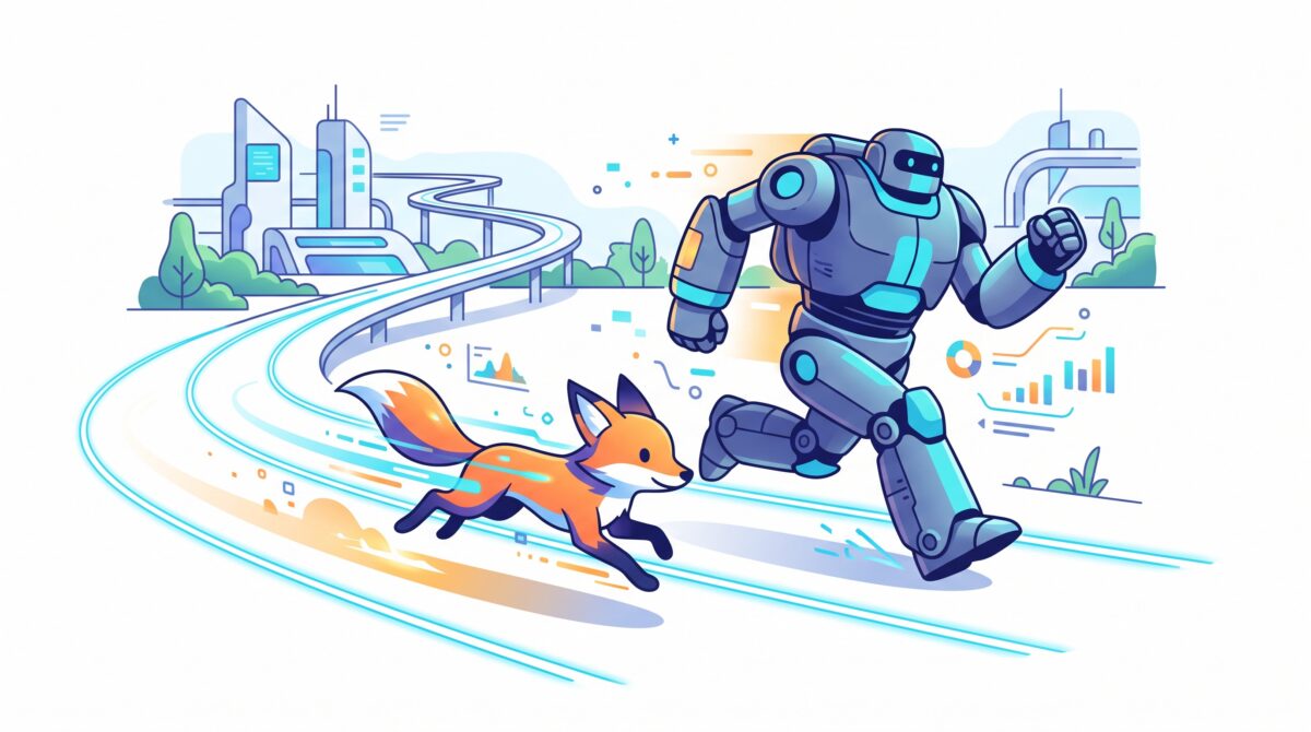 A small fast AI spark sprinting alongside a larger slower robot on a track, illustrating a cheap model keeping pace with a bigger rival