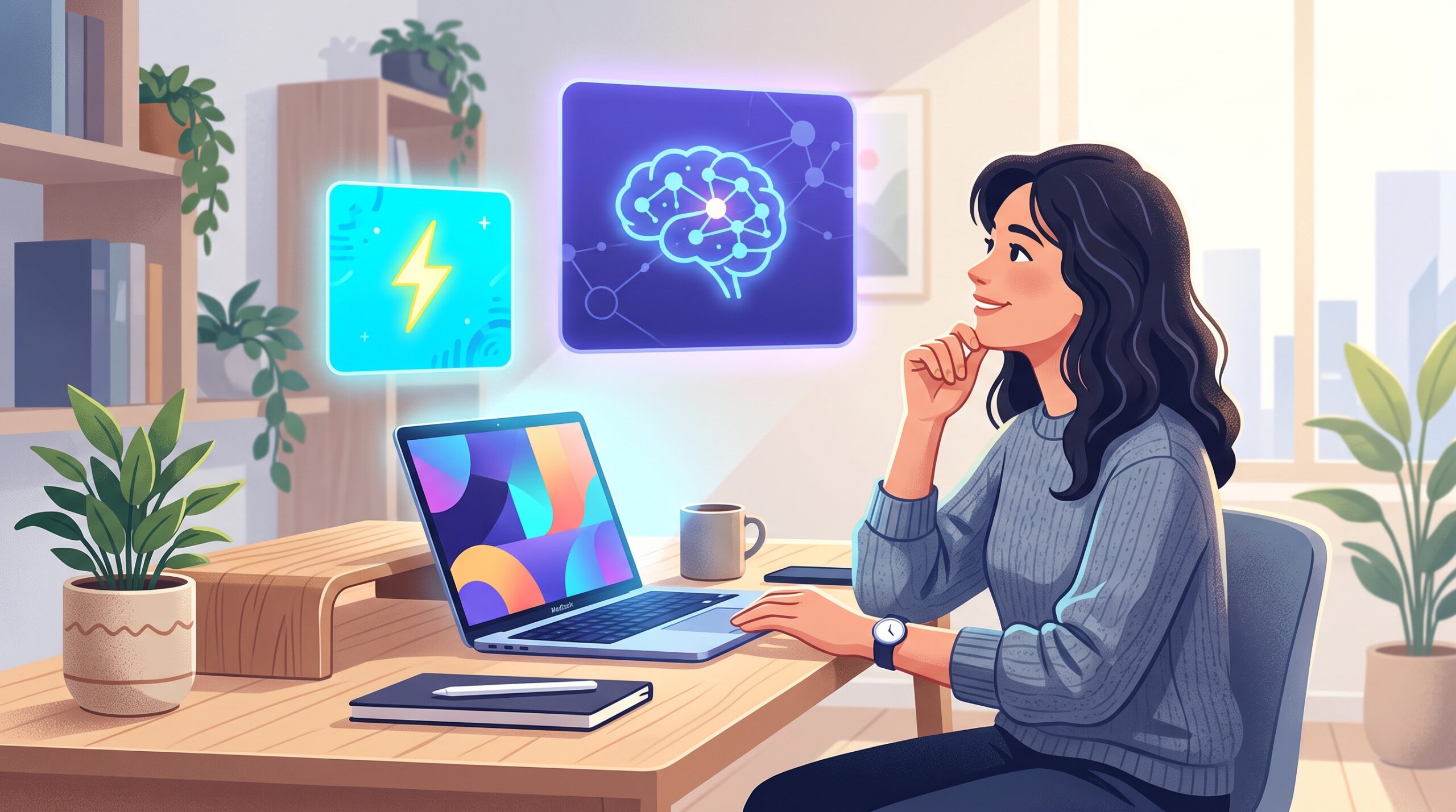 A person choosing between a small fast AI model and a large flagship model shown as glowing cards above a laptop