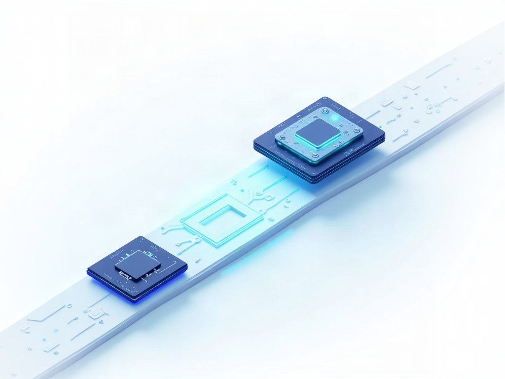 A small AI chip racing ahead of a larger one, illustrating a faster, cheaper model