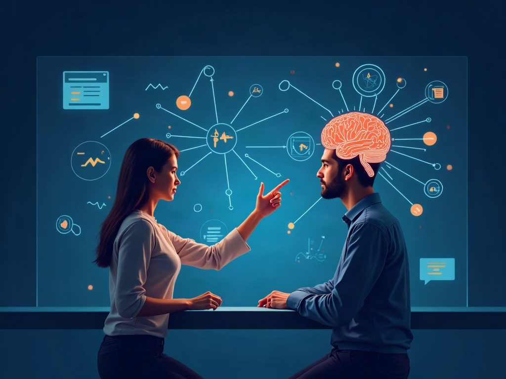 A person and a large AI model collaborating on a complex multi-step plan of connected nodes