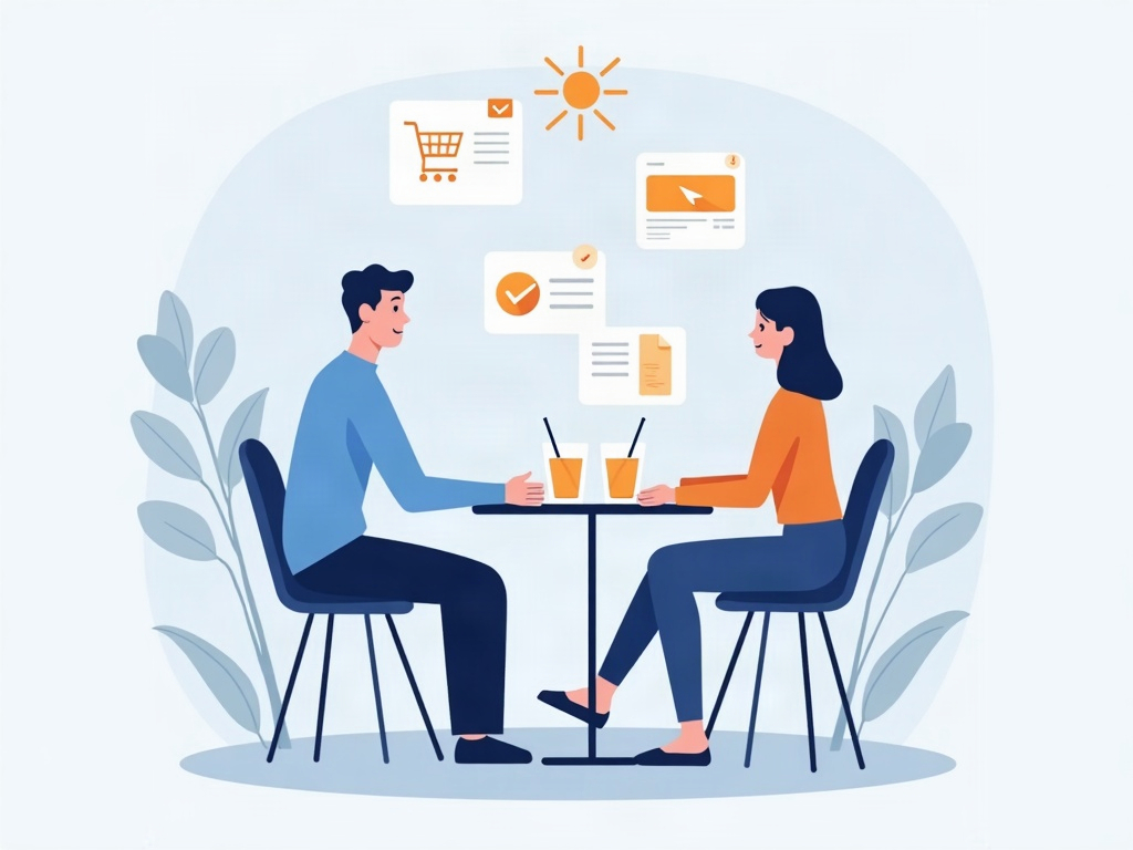 An AI spark completing a row of task cards — shopping, a restaurant booking, a document, a calendar slot — behind a relaxed person