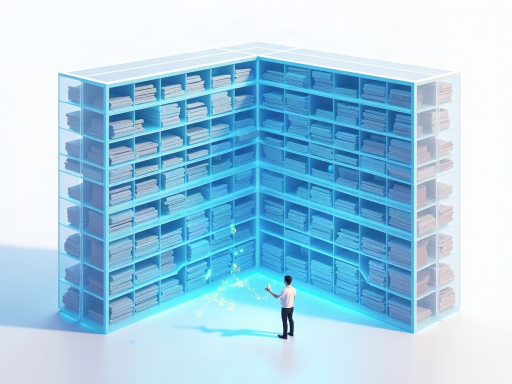 A person holding a single glowing thread that connects to a vast but tidy vault of glowing document panels, illustrating a huge memory