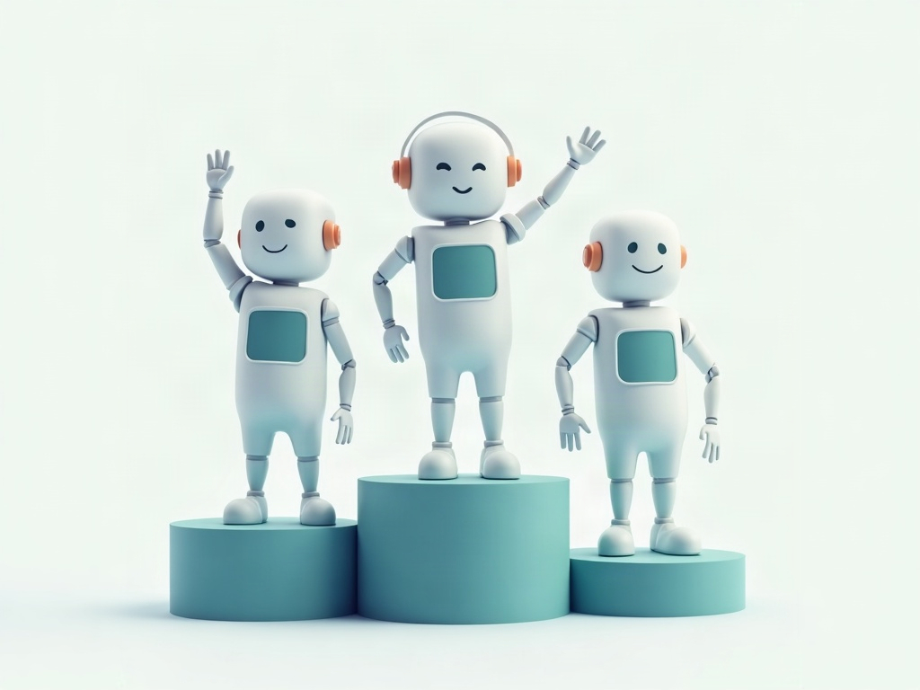 Three abstract AI contenders standing on roughly even podium bars, suggesting a close race with no runaway winner