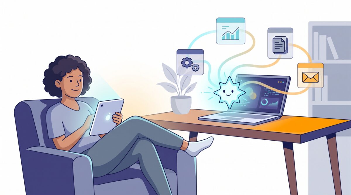 A person stepping away while a small glowing spark-shaped AI assistant works at their laptop, linking several floating app tiles