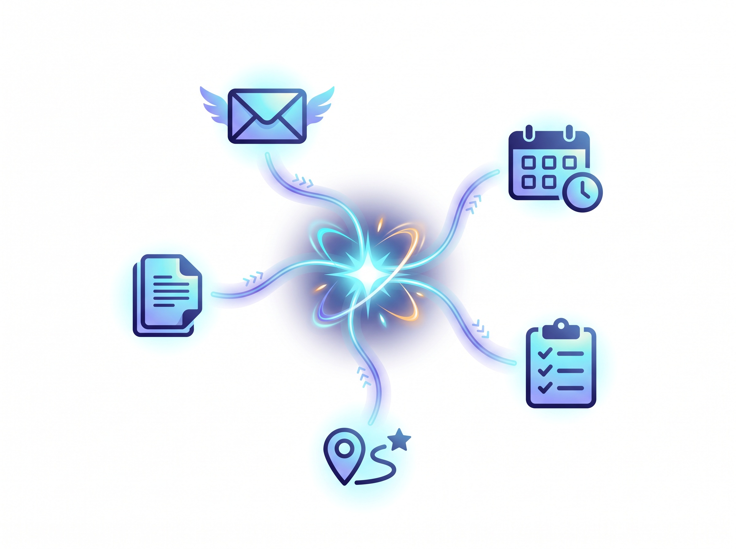 A central glowing spark connected by light-lines to generic email, calendar, to-do, map, and document icons