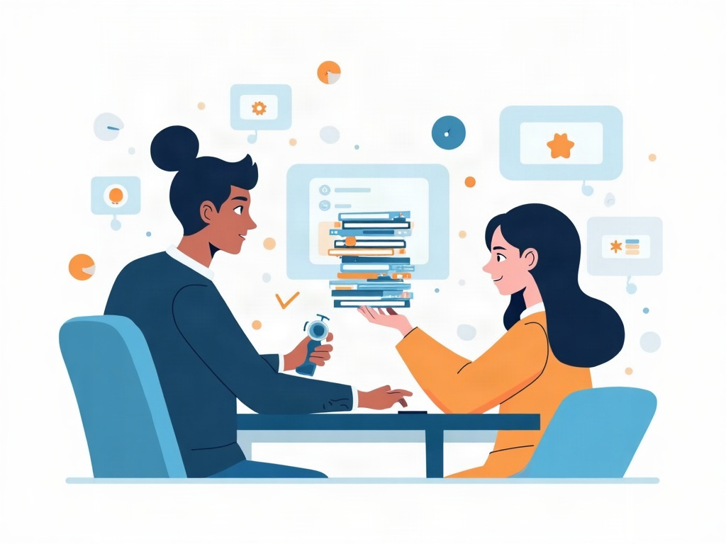 A person with a hand on a control dial while a small spark-shaped AI assistant hands over an organized stack of finished tasks