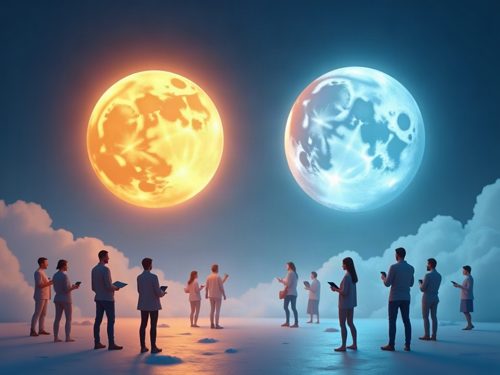 A warm sun orb and a cool moon orb representing two model tiers for different users