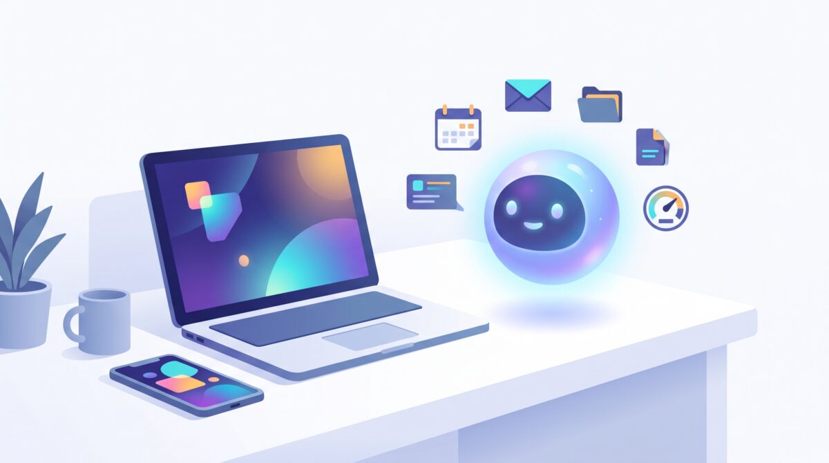 A glowing AI companion beside a laptop and phone, noticing a calendar slot, an email, a file and a disk gauge and preparing a card for each